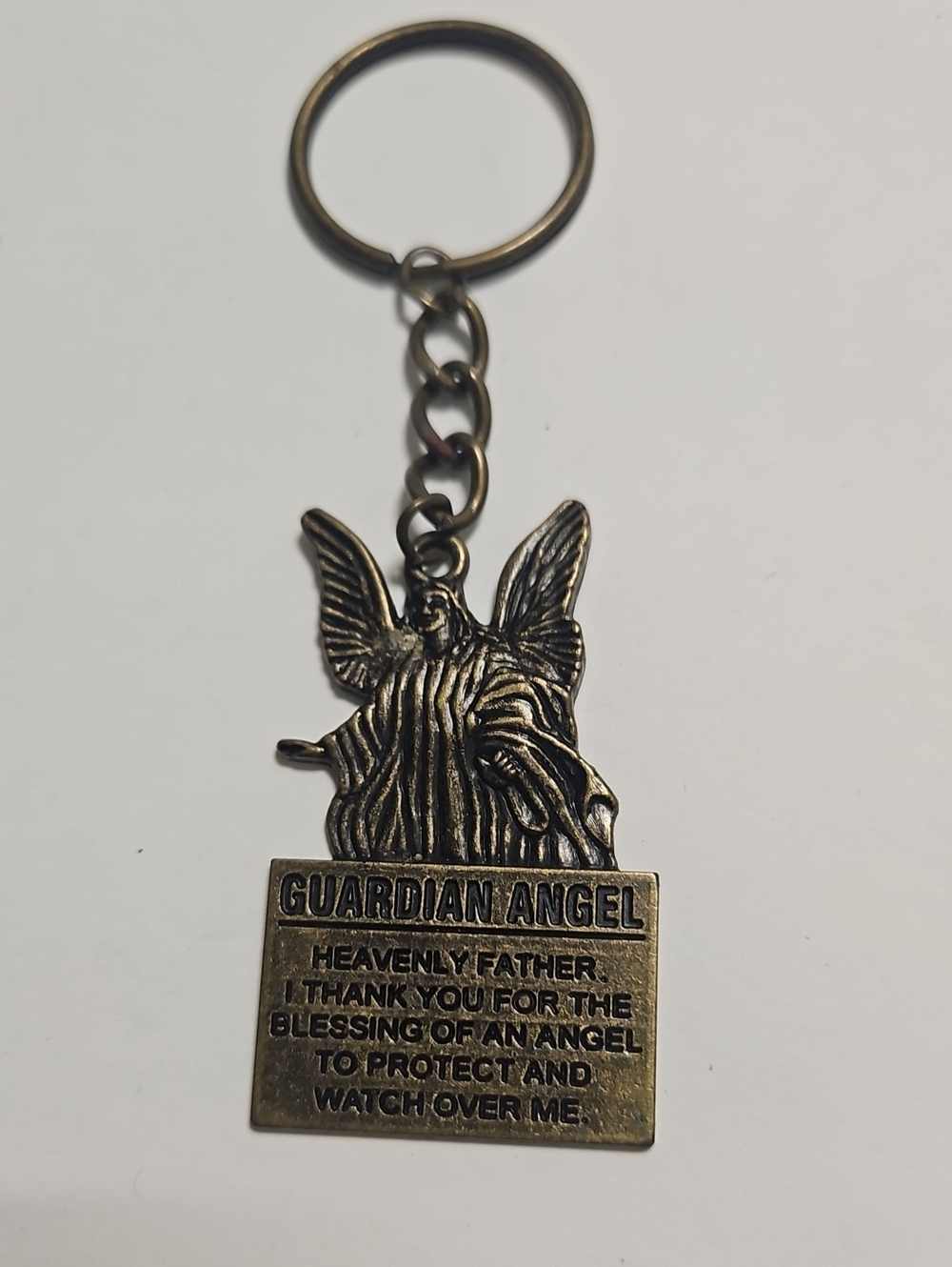 Guardian Angel Bronze Keychain with Prayer